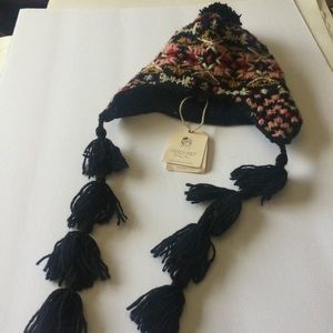 FRENCH KNOT SEDONA TRAPPER WOOL HAT w/ TASSEL TIES FLEECE LINED PINK BLACK NWT